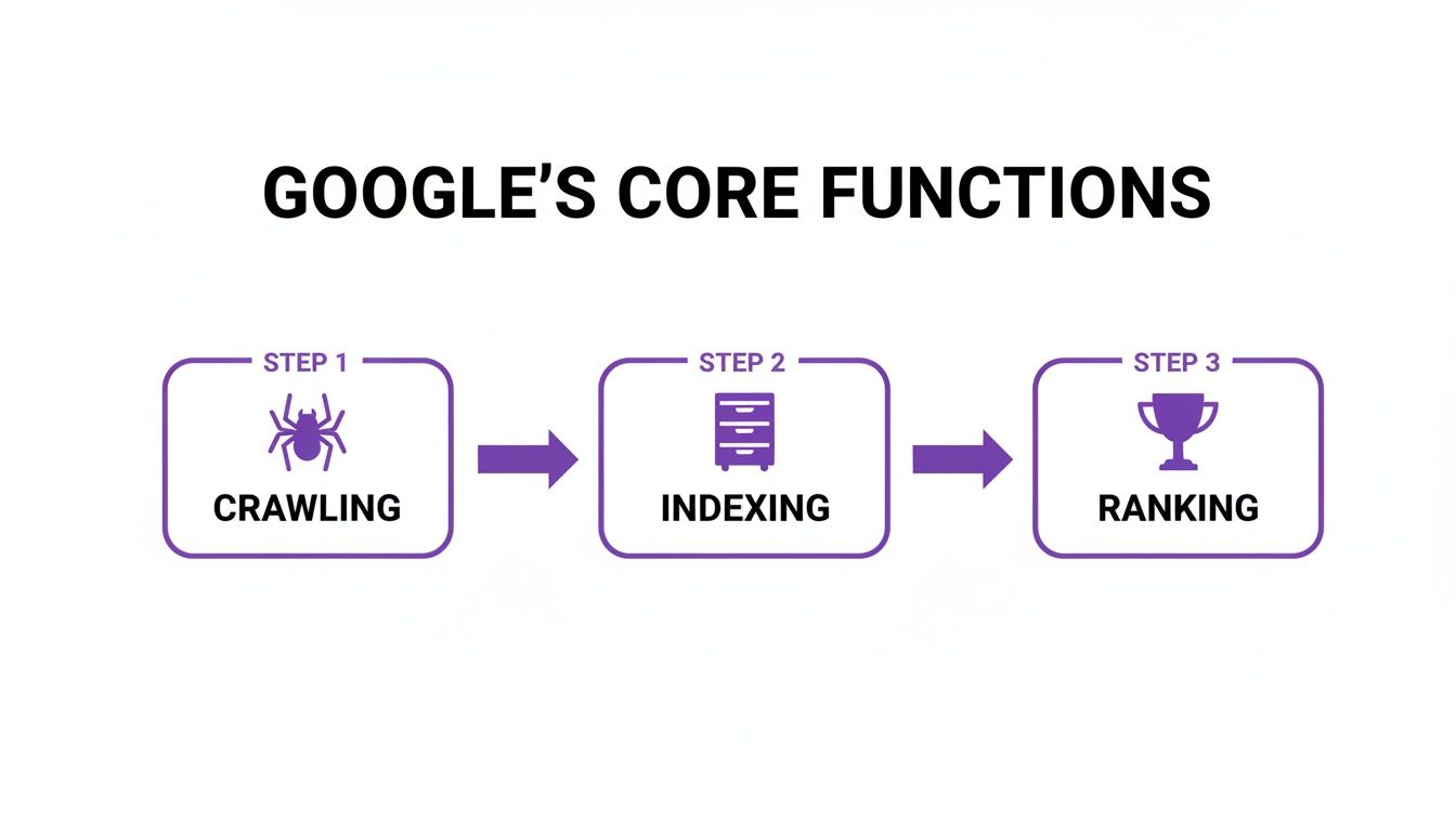 A flowchart illustrating Google's core functions: crawling, indexing, and ranking, depicted in three steps.