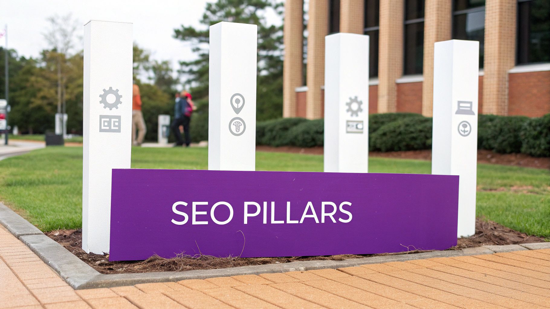 A purple sign saying 'SEO PILLARS' stands in front of four white pillars with icons representing SEO aspects.
