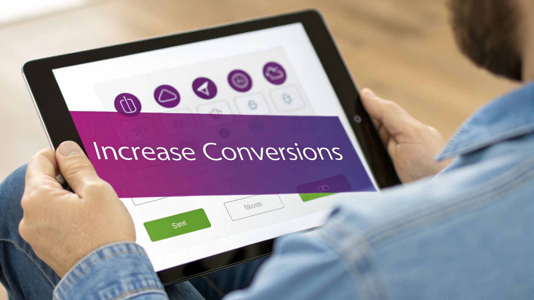 A person holds a tablet displaying 'Increase Conversions' text on a screen with various icons.