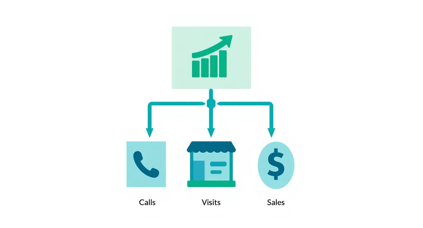 Diagram illustrating local search optimization driving increased calls, store visits, and sales growth.