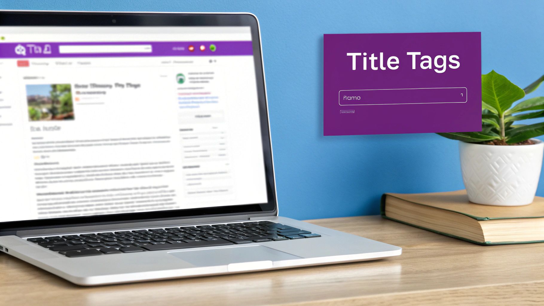 Laptop displaying content management system with title tags interface on purple overlay screen