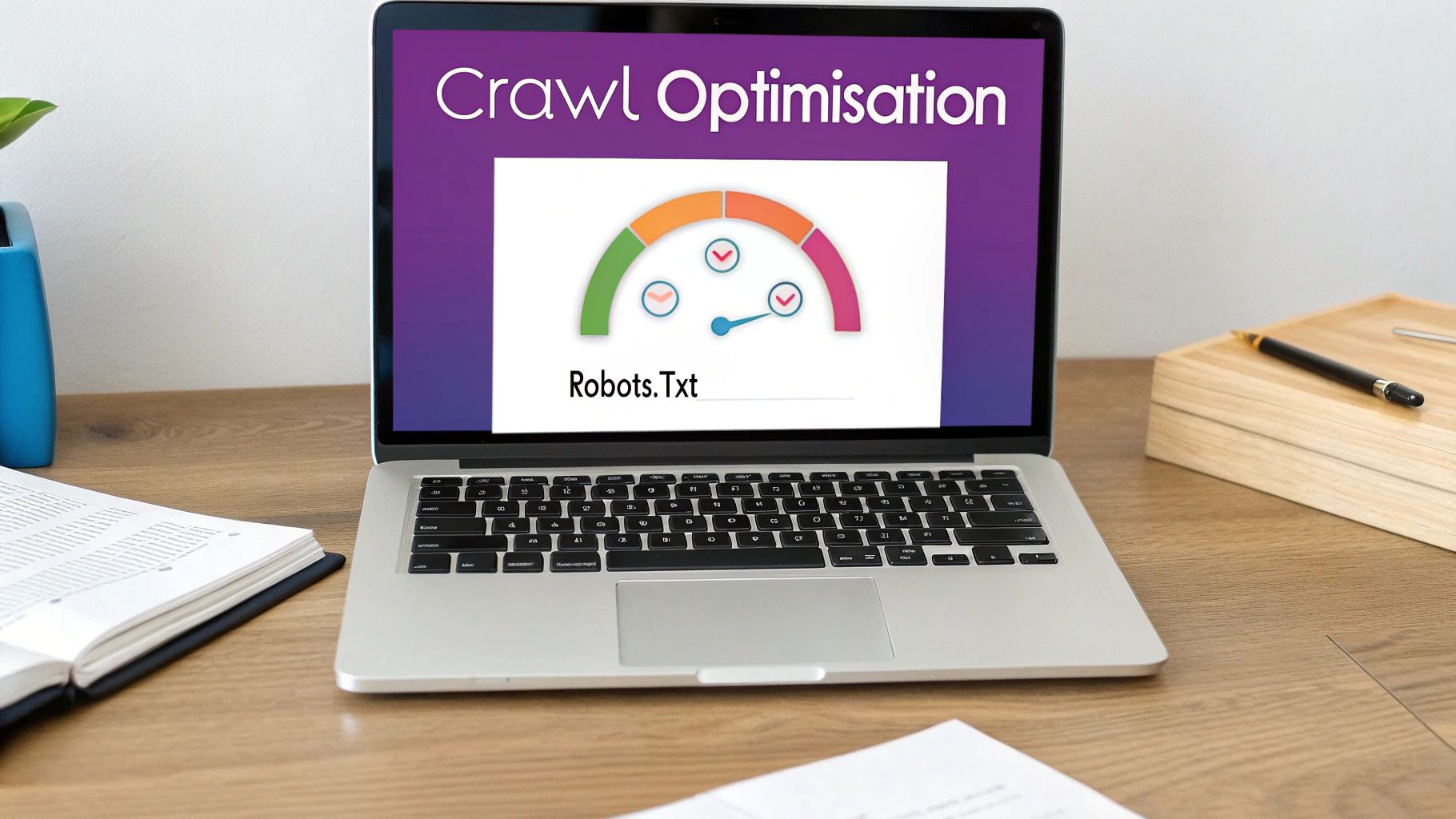 Laptop displaying crawl optimization dashboard with robots.txt file and colorful performance gauge meter