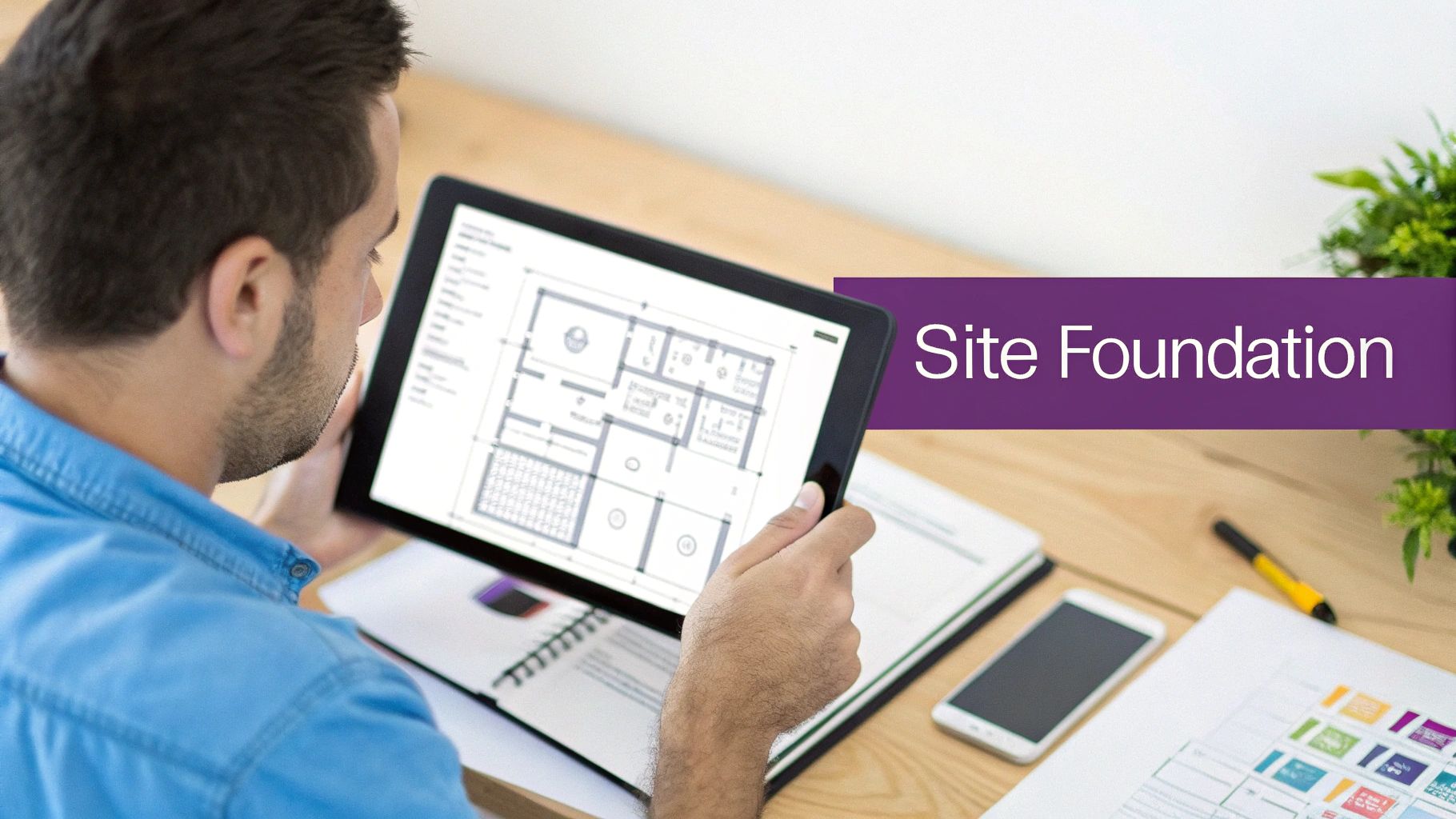 Man examining a house floor plan on a tablet, with 'Site Foundation' banner, representing architectural planning.