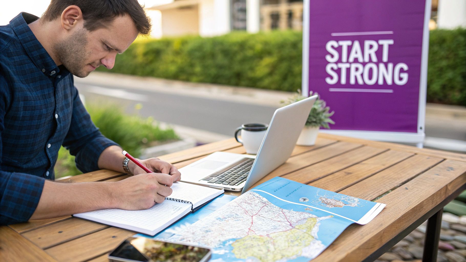 A focused man writes in a notebook at an outdoor wooden table with a laptop and map.