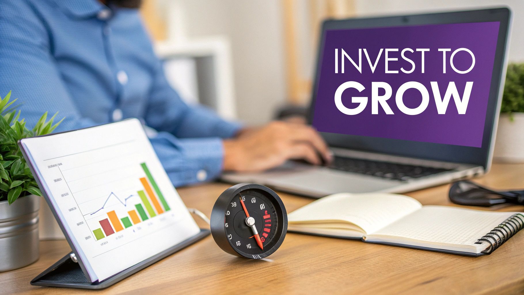 A person works on a laptop displaying 'INVEST TO GROW' alongside a tablet with business charts and a timer.