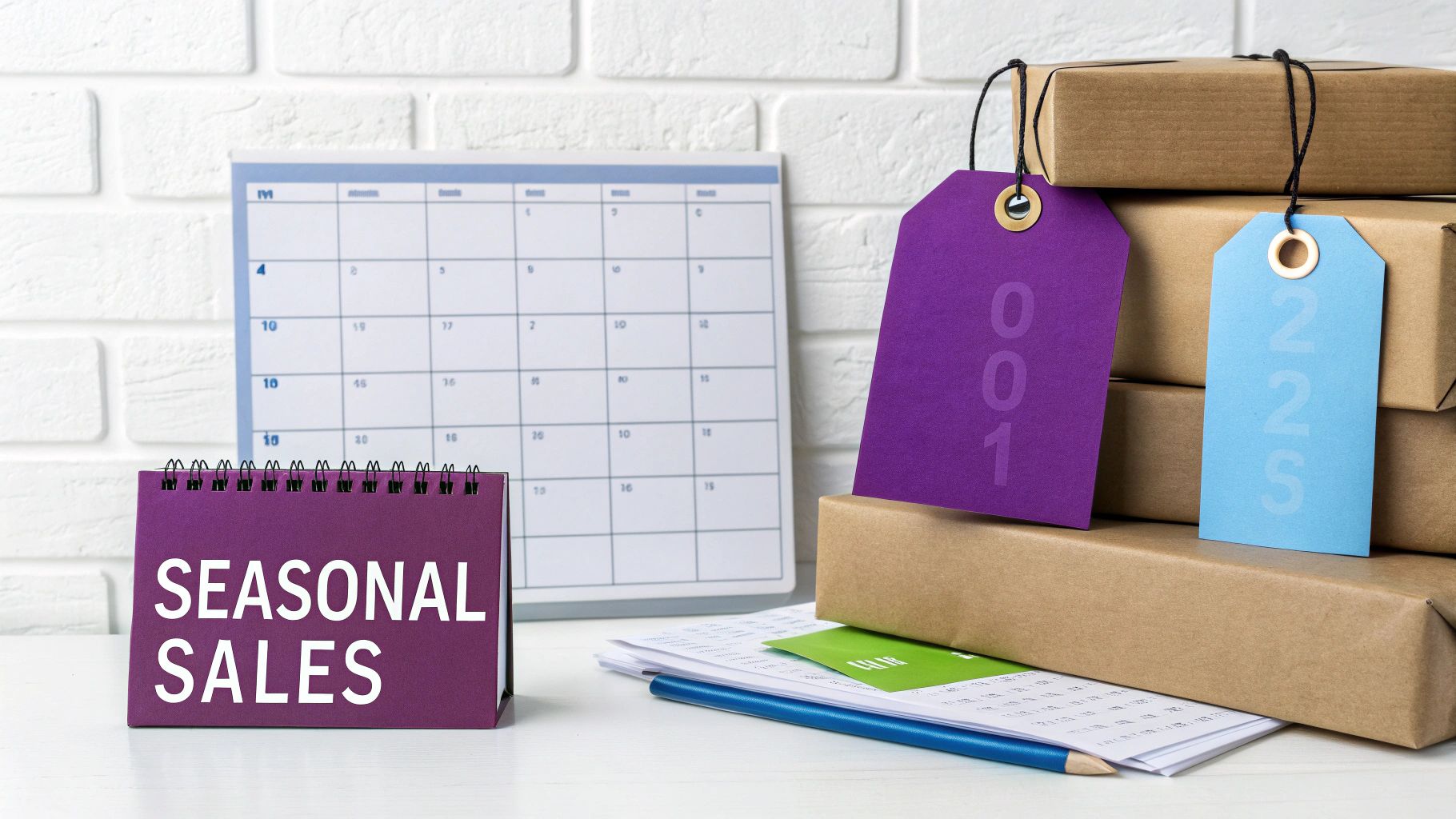 A desk with a 'SEASONAL SALES' sign, packages with price tags, and a calendar for business planning.