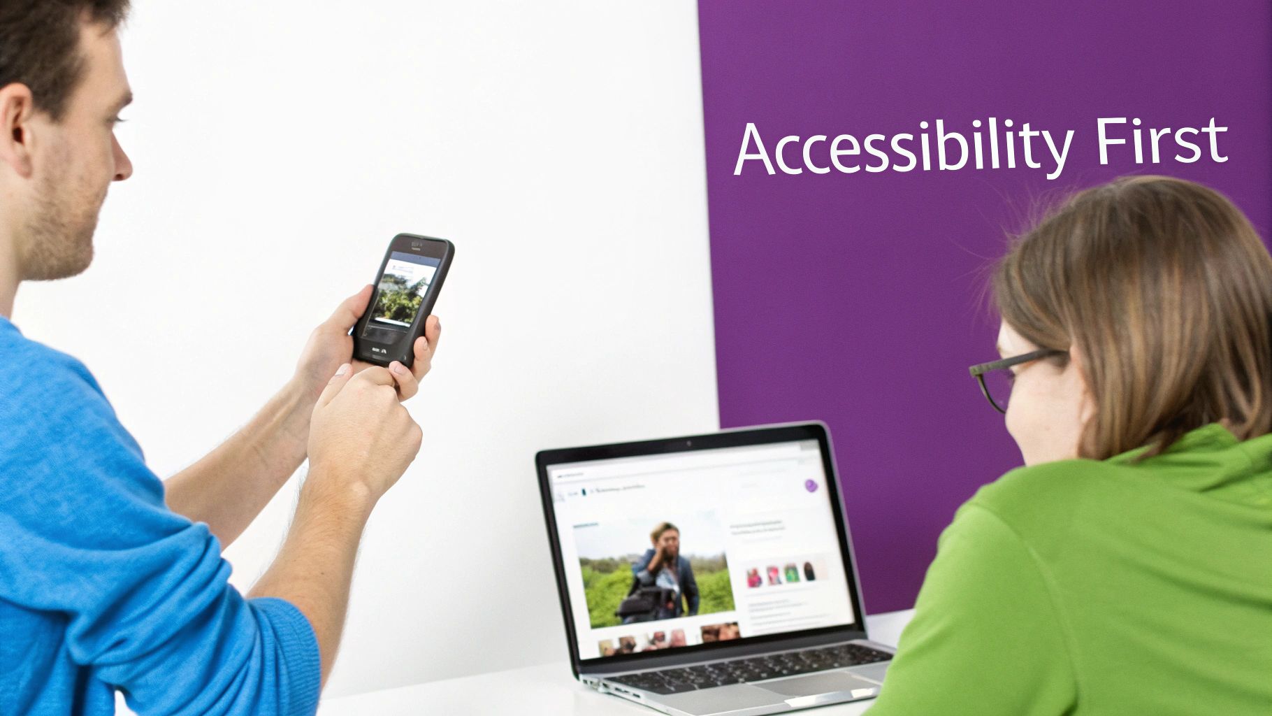 Two people collaborating on accessibility testing using smartphone and laptop under Accessibility First banner