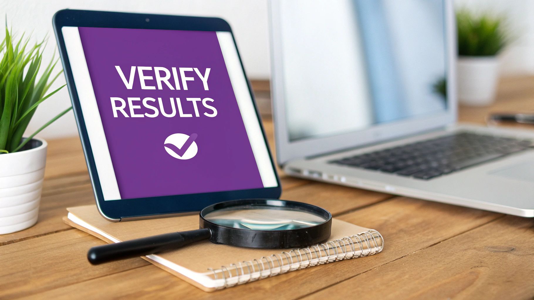 A tablet displaying "VERIFY RESULTS" and a checkmark, a magnifying glass, and a laptop on a wooden desk.