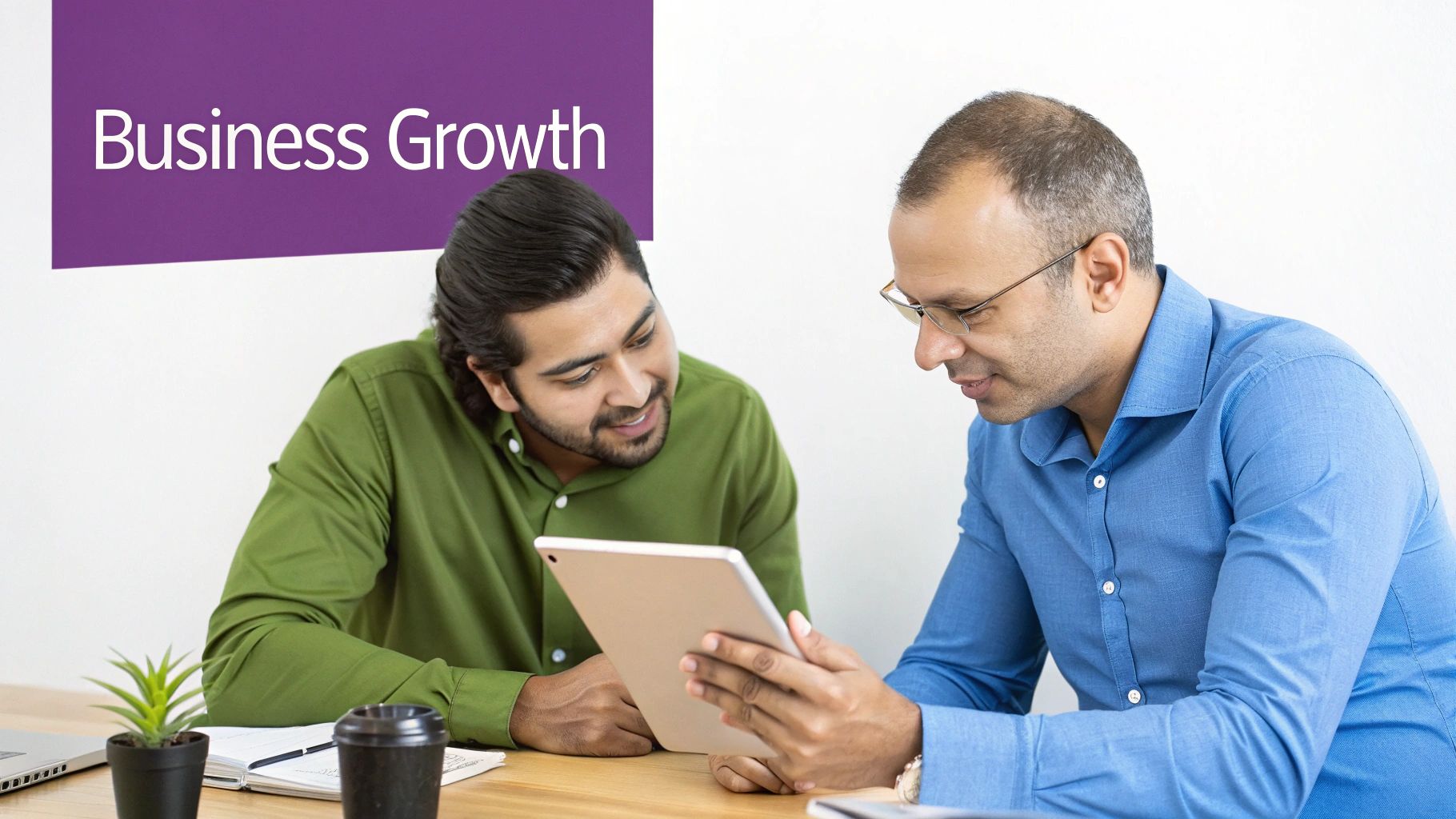 Two diverse business professionals collaborating on a tablet in an office, discussing business growth strategies.