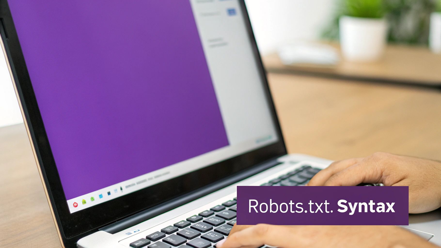 Close-up of a person typing on a laptop, showing 'Robots.txt. Syntax' for SEO.