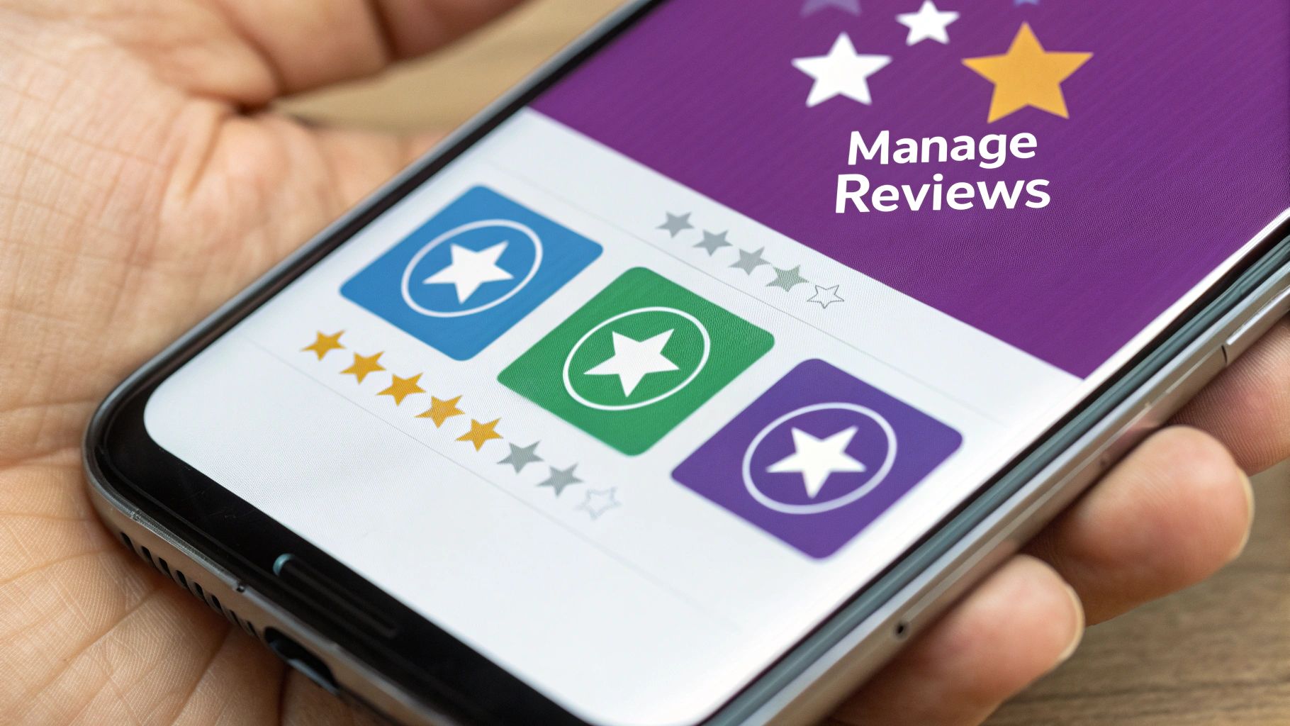 A person managing online reviews on a tablet, with star ratings visible.