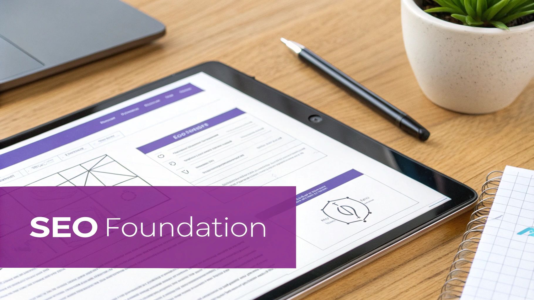 Tablet displaying 'SEO Foundation' content, a laptop, pen, and plant on a wooden desk.