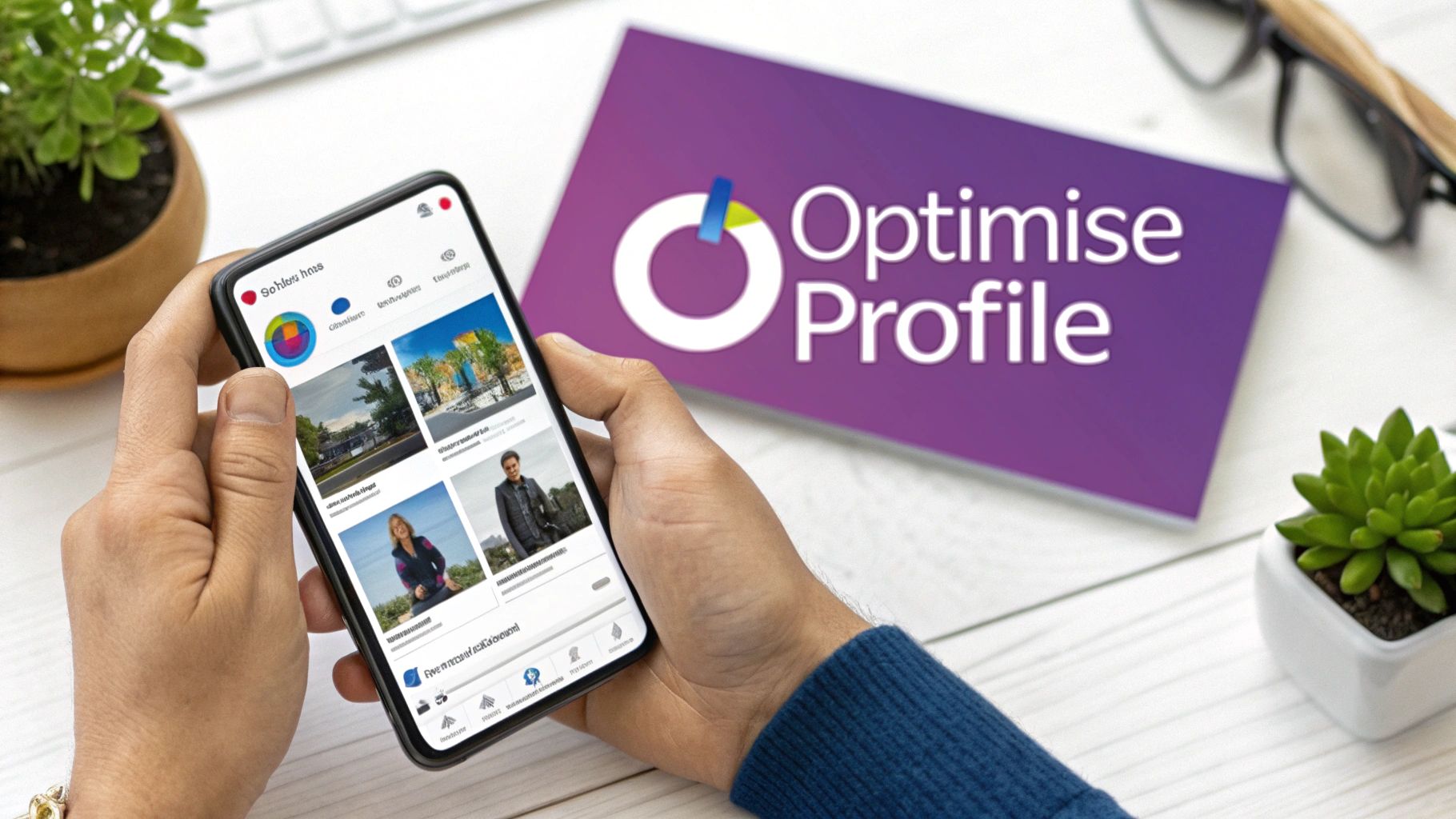 A person holds a smartphone displaying a profile app, next to an 'Optimise Profile' document on a desk.