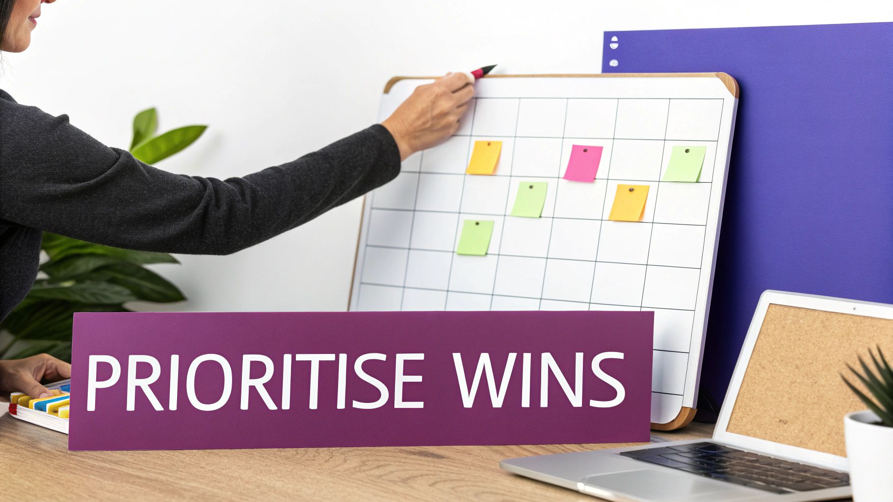 A person's arm writing on a whiteboard with colorful sticky notes, next to a 'PRIORITISE WINS' sign.