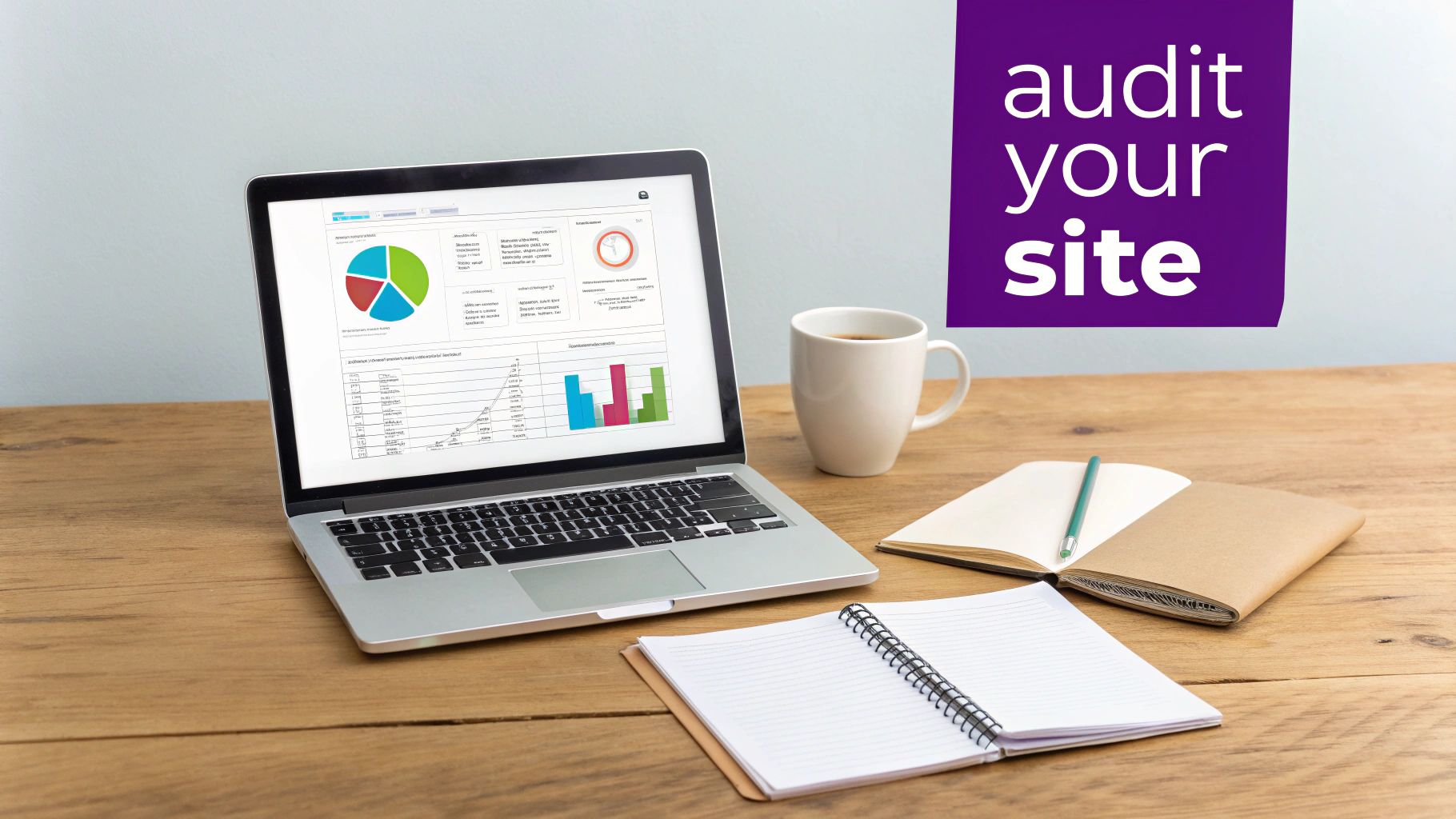 A laptop displays analytics charts and graphs on a wooden desk with coffee and notebooks, promoting 'audit your site'.