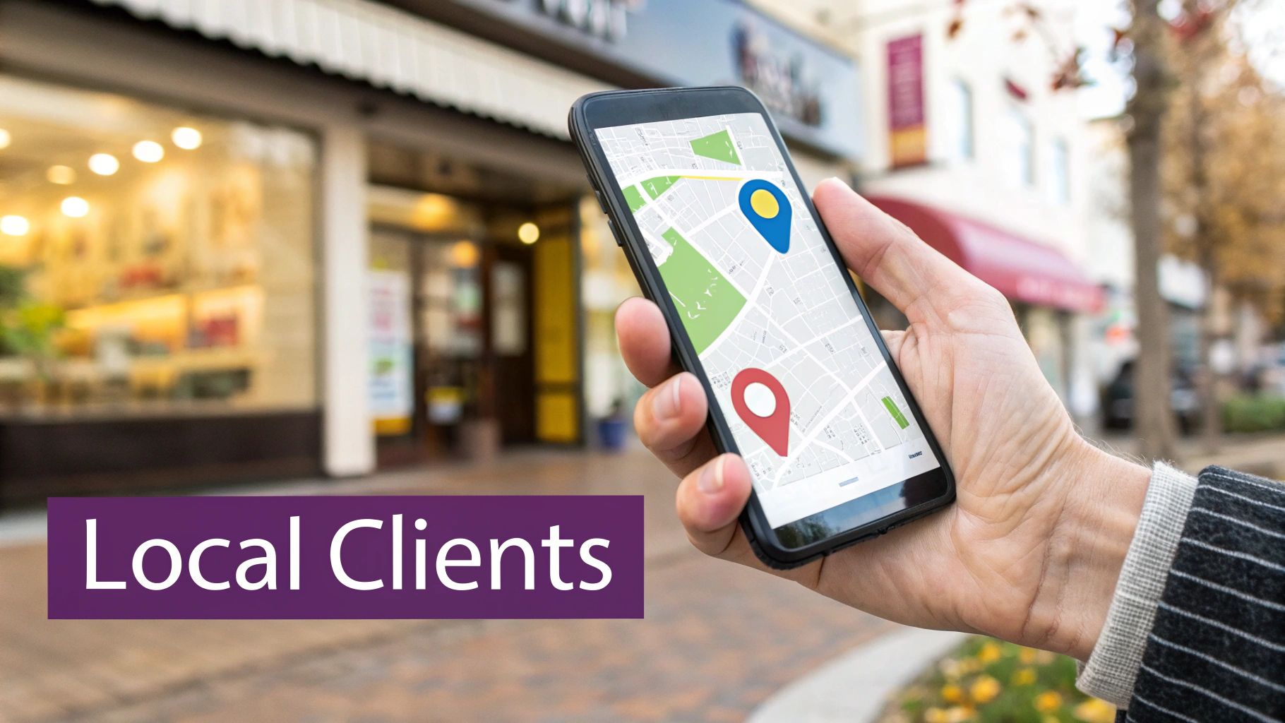 Hand holding a smartphone displaying a map with location pins, representing local clients and businesses.