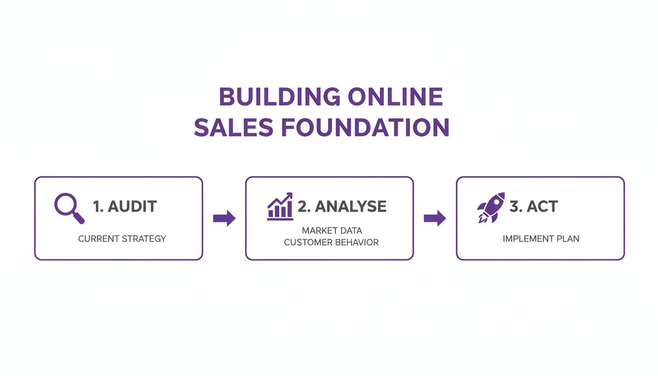 A visual guide illustrating a three-step process for building an online sales foundation: Audit, Analyse, and Act.
