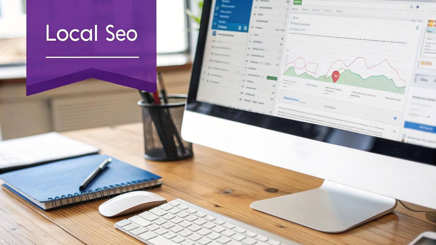 Desk setup with a computer displaying SEO analytics, a notebook, and a mouse, featuring a 'Local Seo' banner.