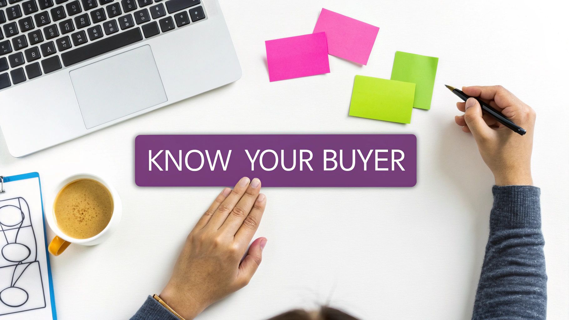 Overhead shot of a workspace with hands, laptop, coffee, sticky notes, and 'KNOW YOUR BUYER' sign.