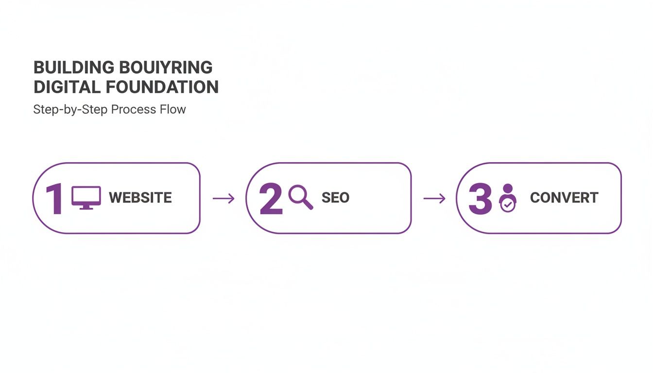 Step-by-step process flow for building a digital foundation, showing website, SEO, and conversion stages.