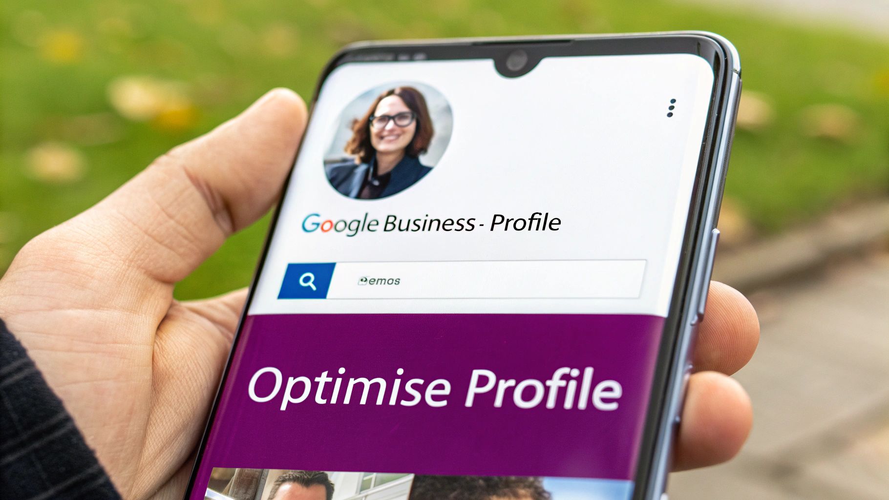 A hand holding a smartphone displaying Google Business Profile with 'Optimise Profile' on the screen.