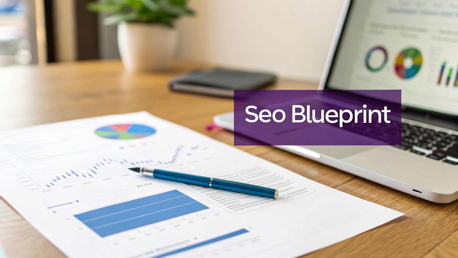 A desk setup with a laptop displaying charts, a pen on business documents, and an 'Seo Blueprint' overlay.