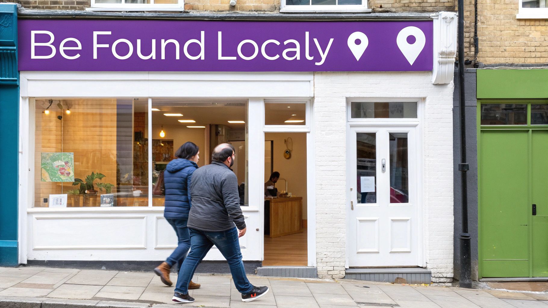 Two people walk past the 'Be Found Locally' storefront with a prominent purple sign and white windows.