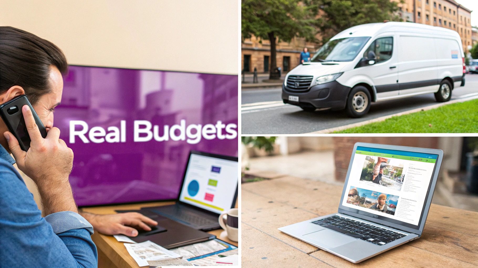 Business professional managing SEO budget with laptop, phone and delivery van representing small business operations