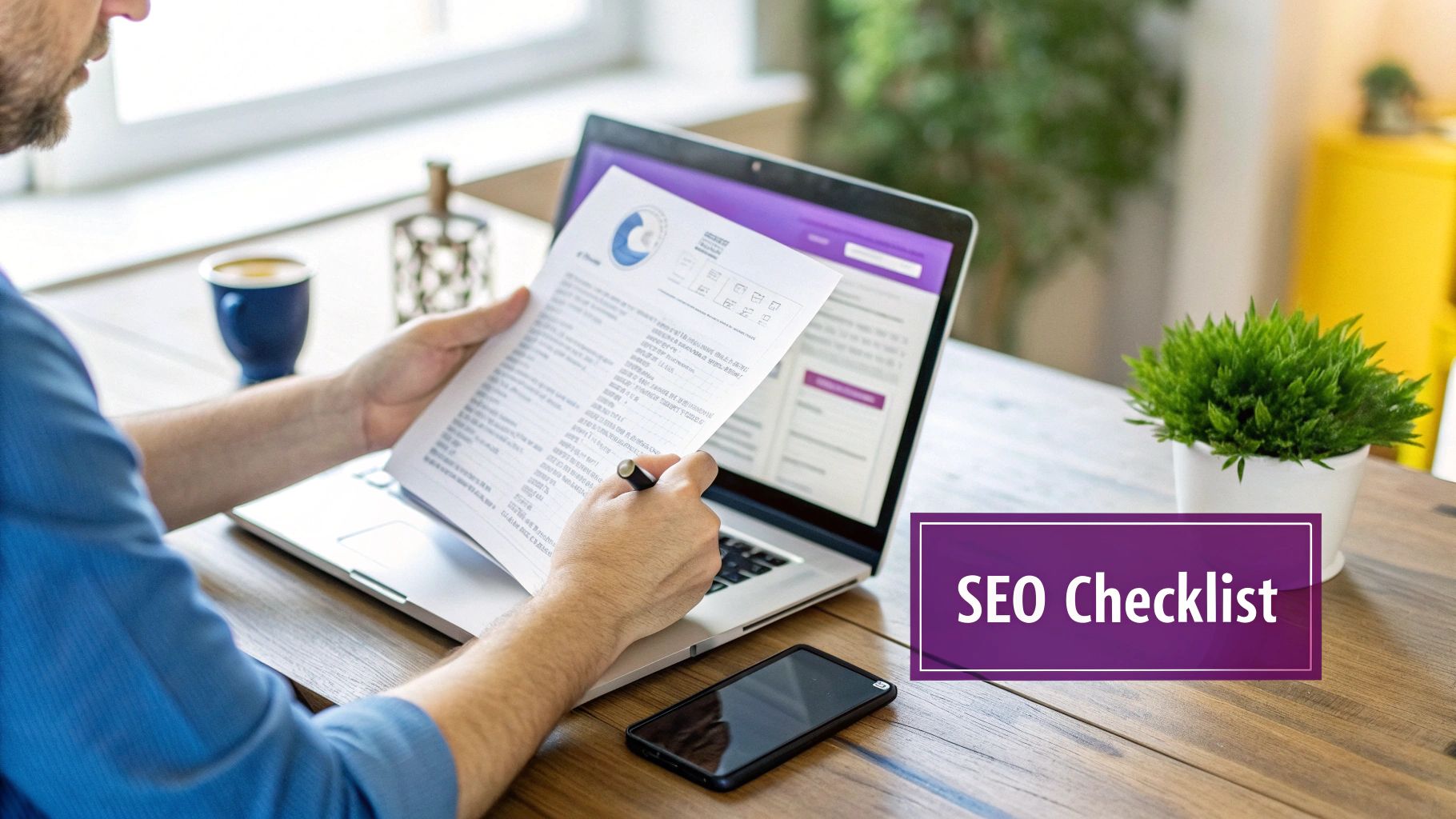 Man reviews an SEO checklist document while working on a laptop at a wooden desk.