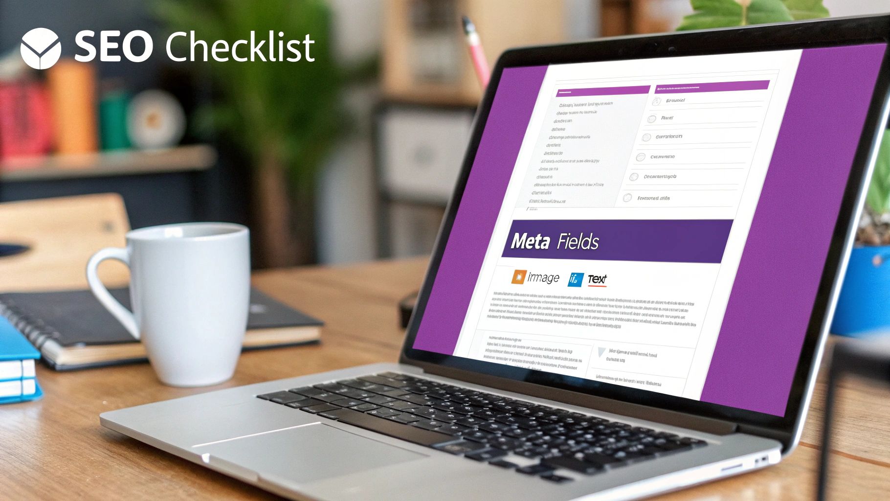 A laptop displaying an SEO checklist with 'Meta Fields' on the screen, alongside a white mug on a wooden desk.
