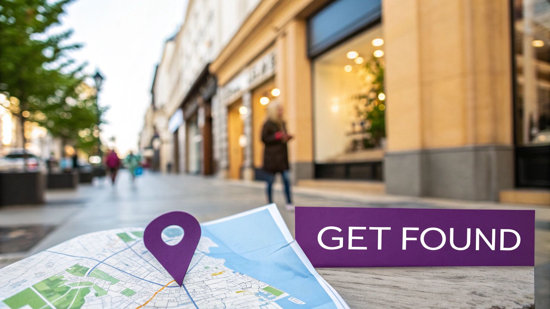 A map with a purple location pin and a 'GET FOUND' sign, against a blurred city street background with shops.