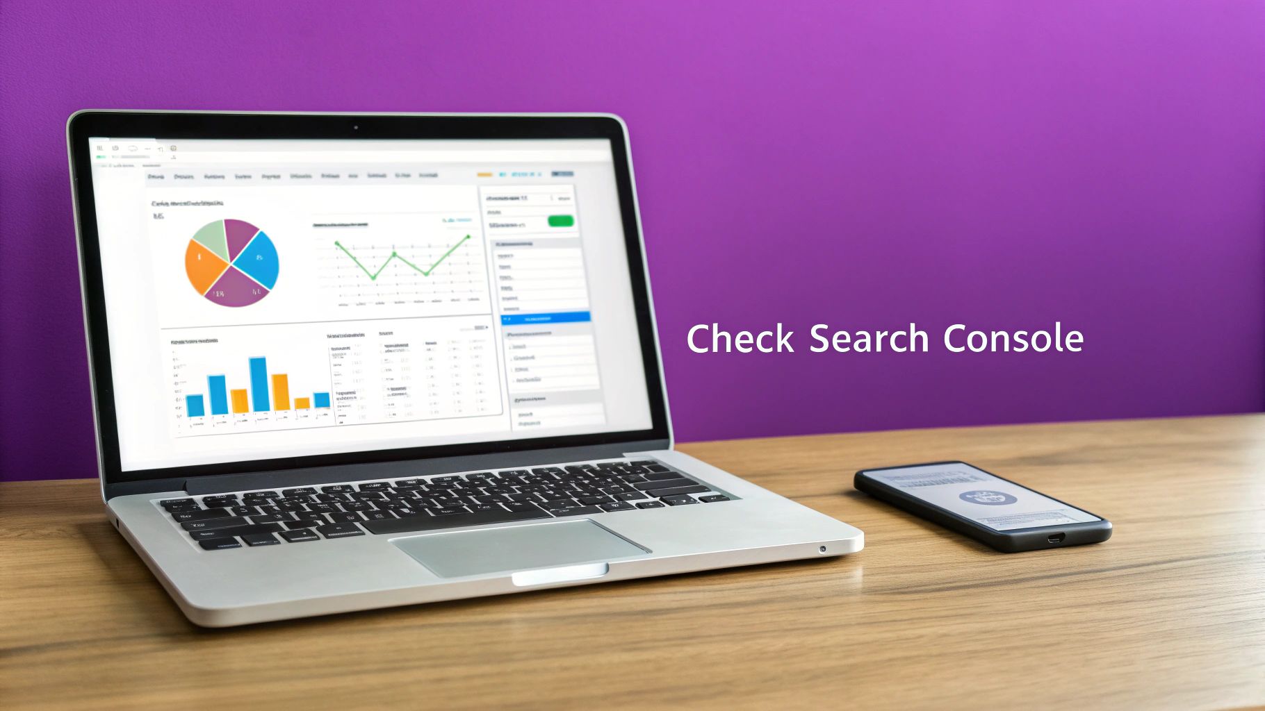 A laptop displays website analytics data with charts and graphs, alongside a smartphone on a wooden desk.
