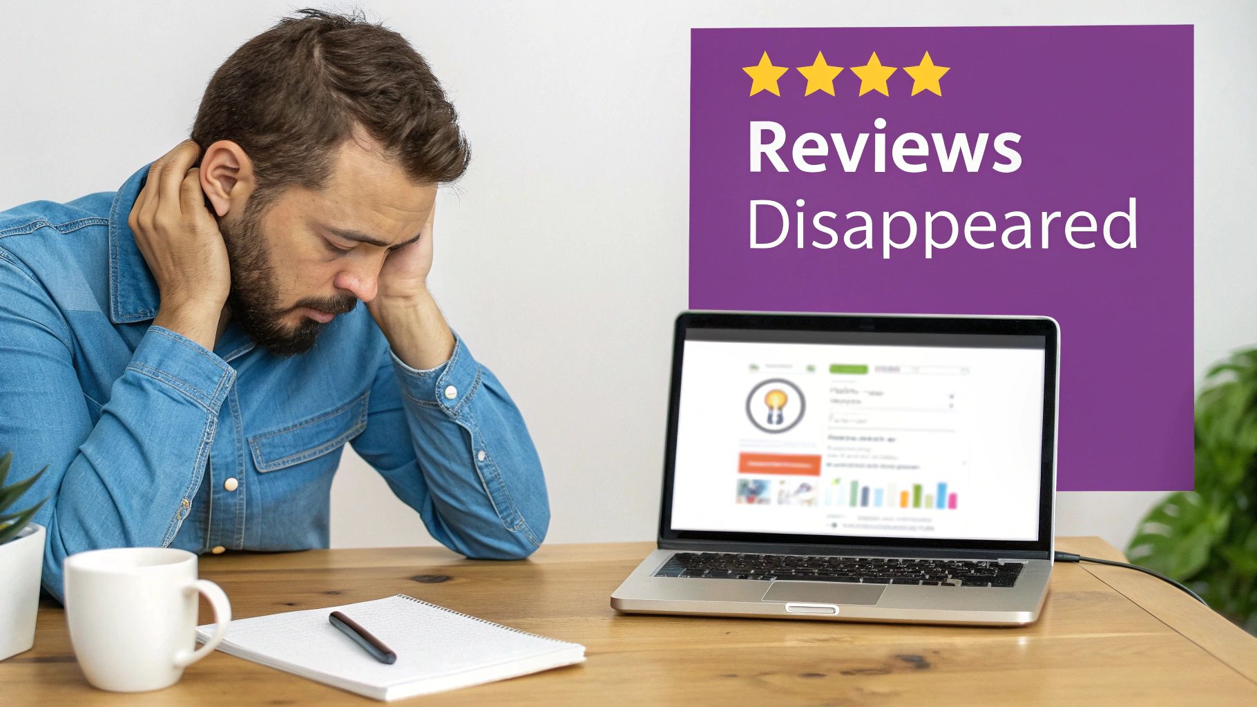 A distressed man looking at his laptop, highlighting the issue of disappeared online reviews.