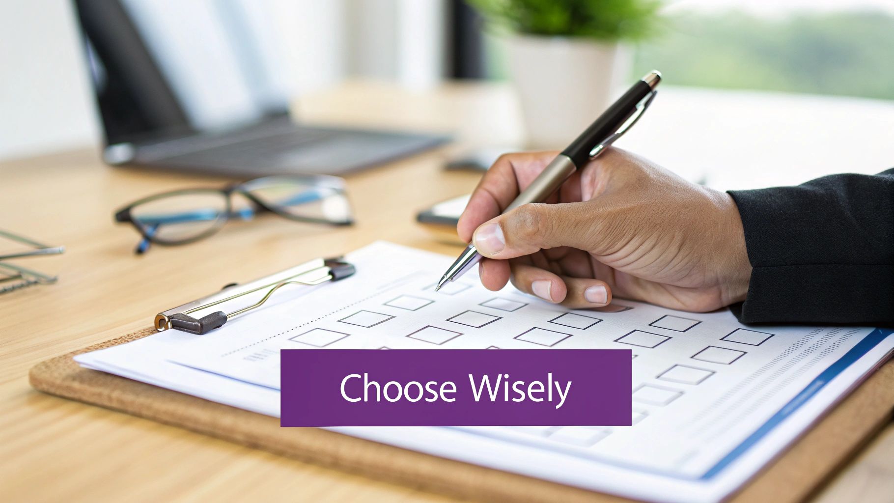 A hand holds a pen, poised to mark a checklist with multiple choices on a desk.