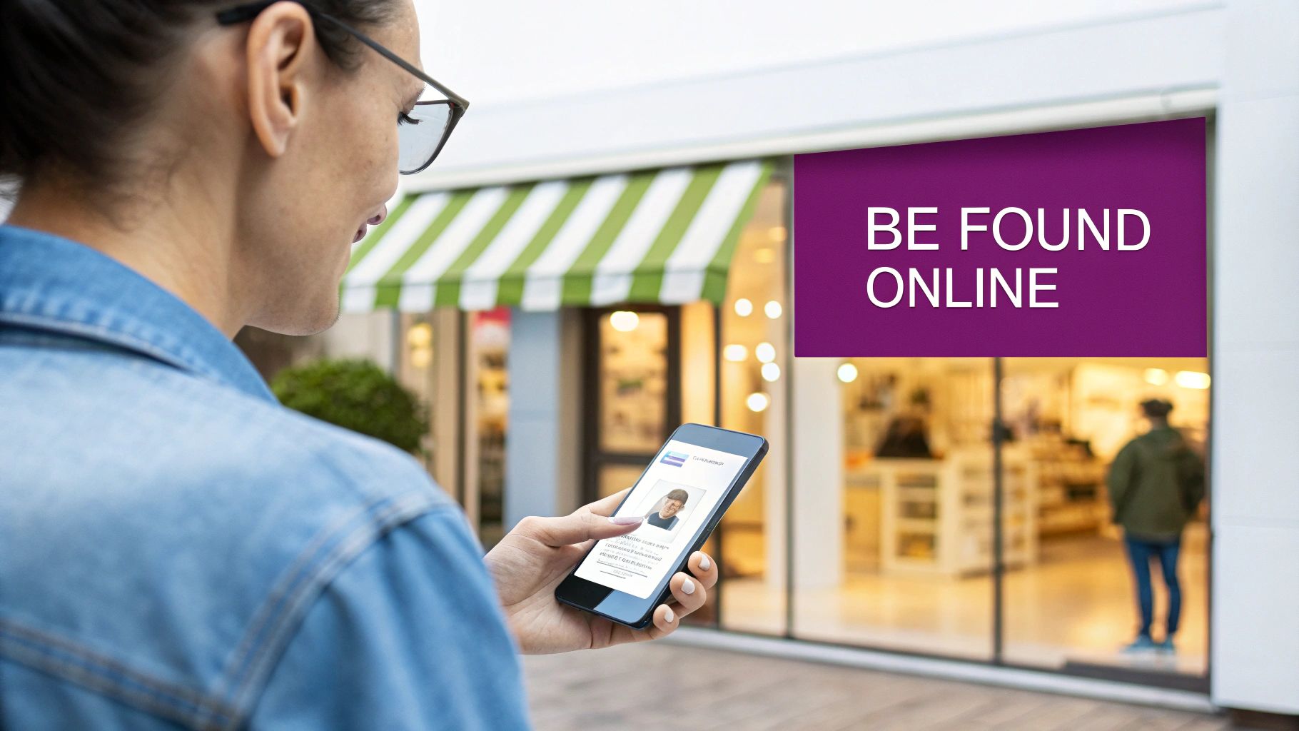 A person views a profile on a smartphone, with a 'BE FOUND ONLINE' sign in the background.