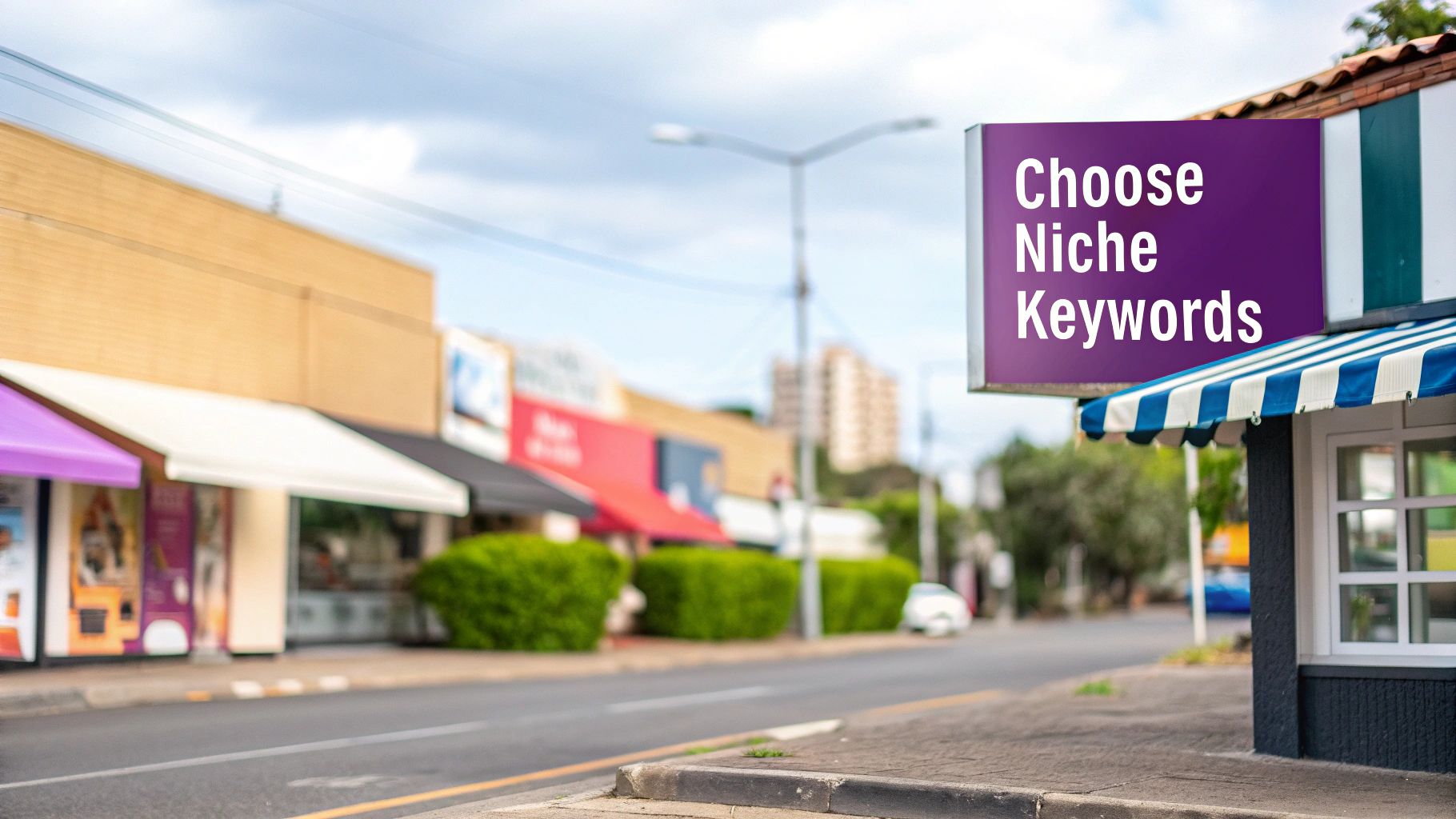 Street view with storefronts, awnings, and a prominent sign displaying 'Choose Niche Keywords'.
