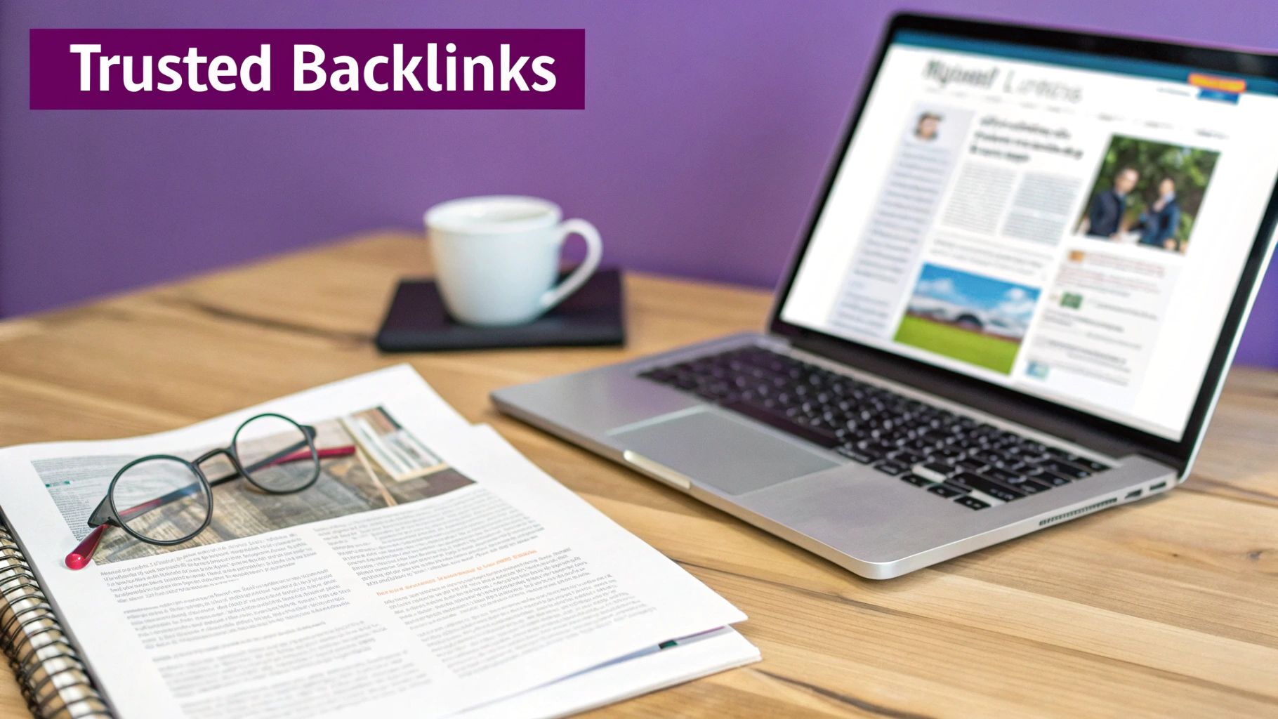 A laptop on a wooden desk displays a website, with glasses on a magazine and a coffee cup, representing trusted backlinks.