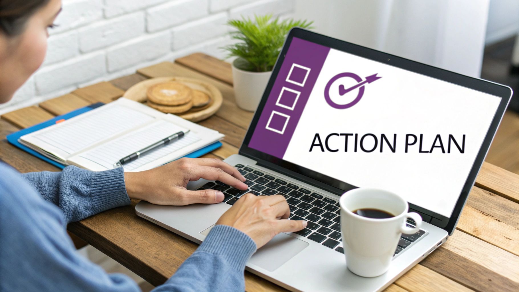 A person at a desk surrounded by charts and graphs, planning their off-page SEO strategy.