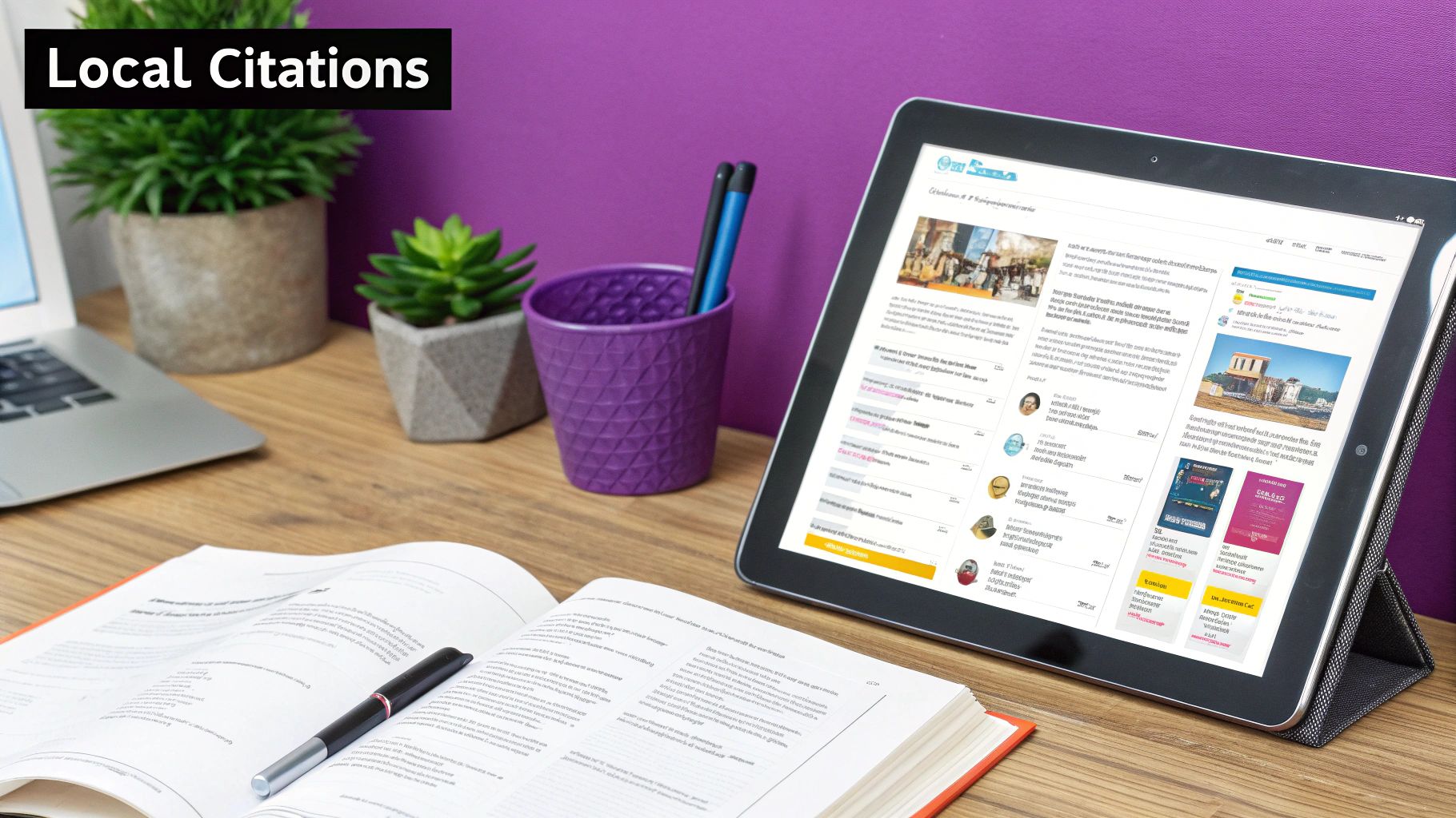 A person working on a laptop with location pins on a map in the background, symbolising the management of local citations.