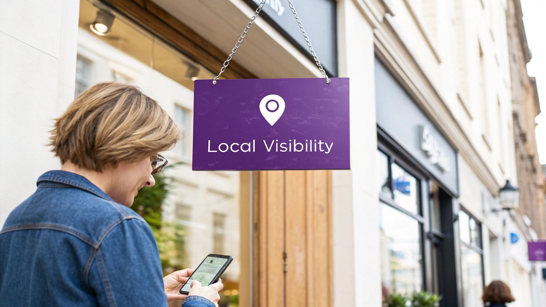 A person uses a smartphone on a street, with a purple sign displaying 'Local Visibility' and a location pin hanging above.