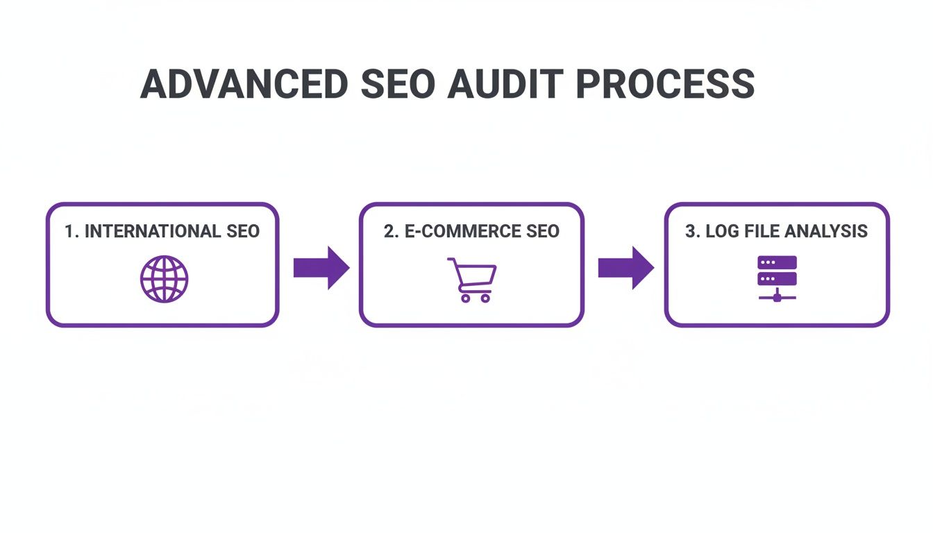 Flowchart illustrating an advanced SEO audit process, including international SEO, e-commerce SEO, and log file analysis.