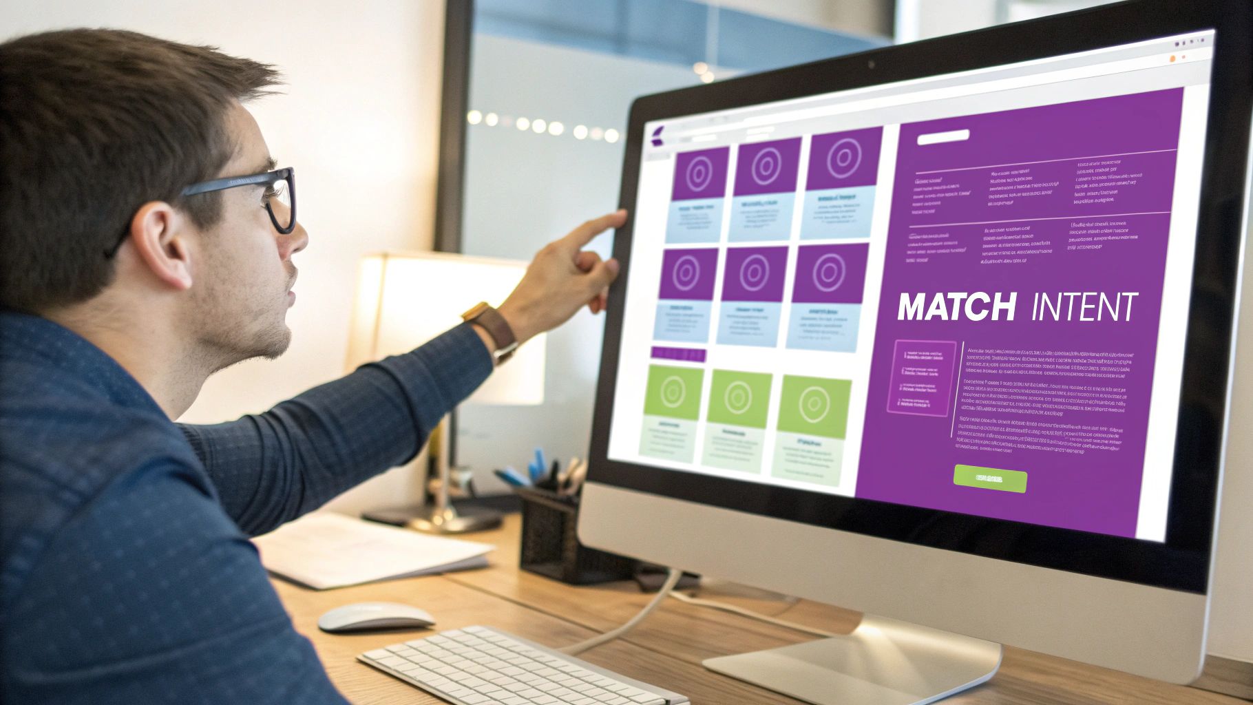 A designer at a desk with four different screens, each showing a different type of content: a blog post, a product comparison, a brand homepage, and a product page, symbolising matching content to intent.