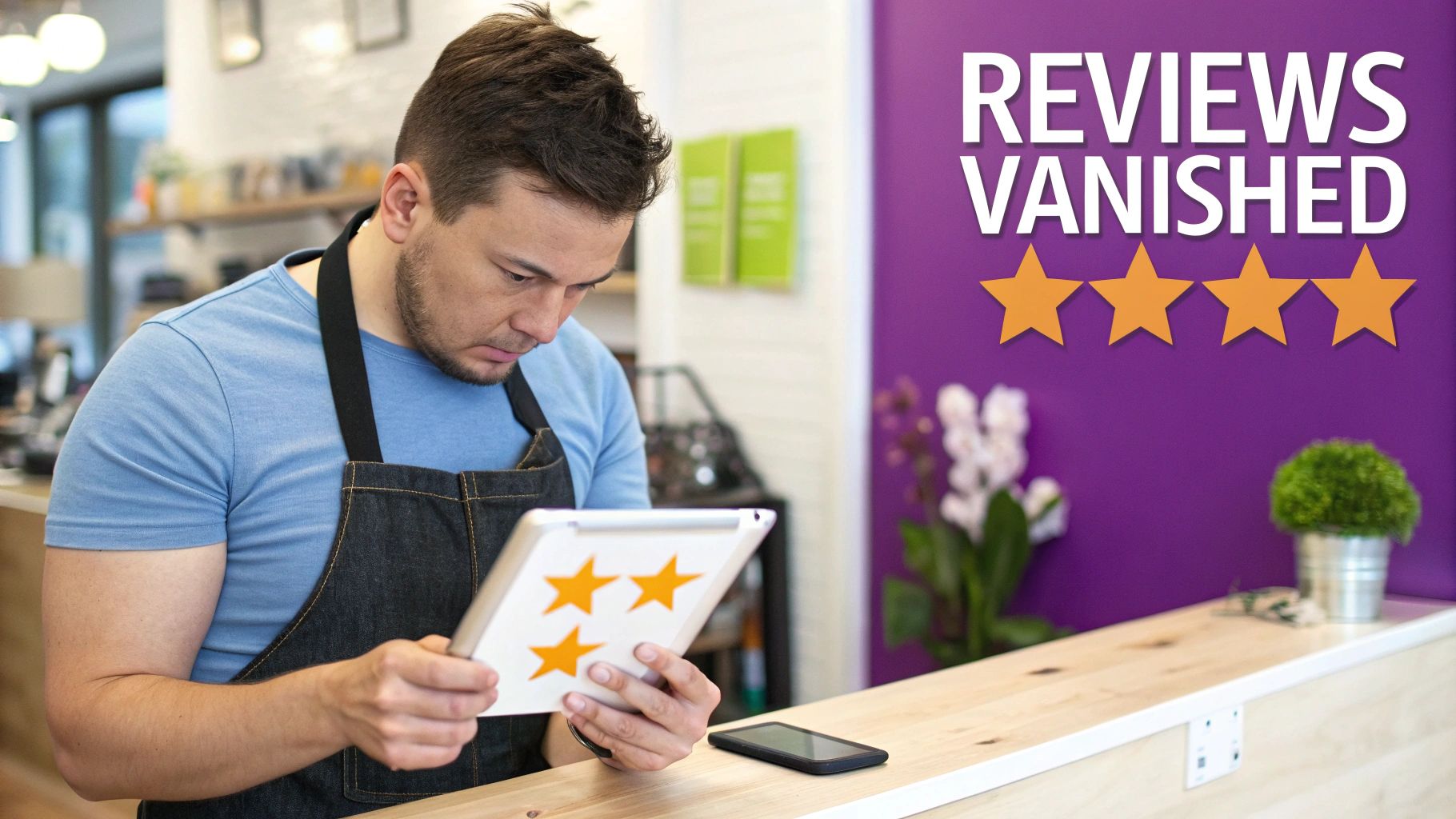 A concerned man in an apron looks at a tablet displaying four stars, next to a wall with "REVIEWS VANISHED" text.