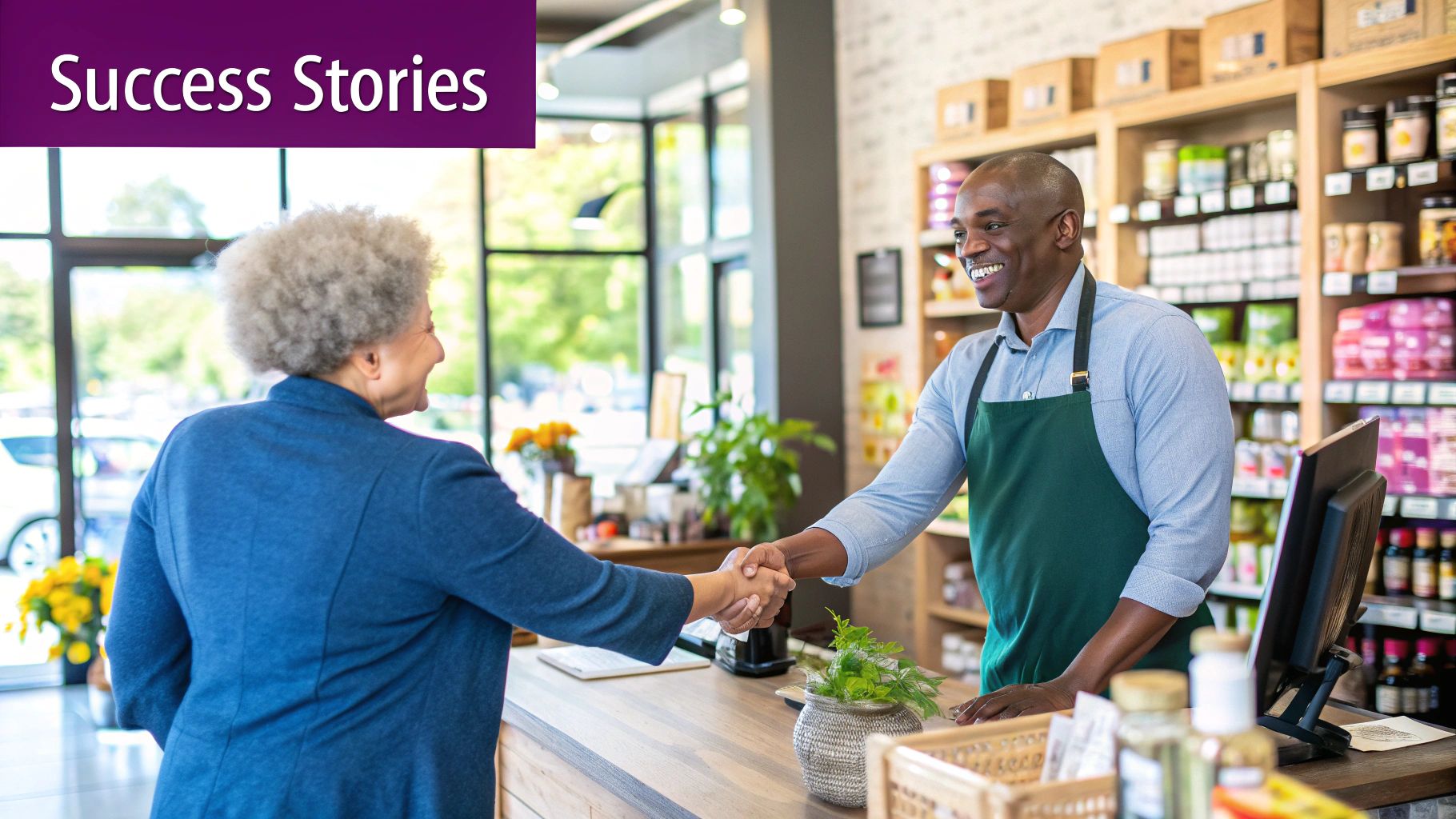 A business owner and a happy customer shaking hands in a local shop, representing a successful case study.