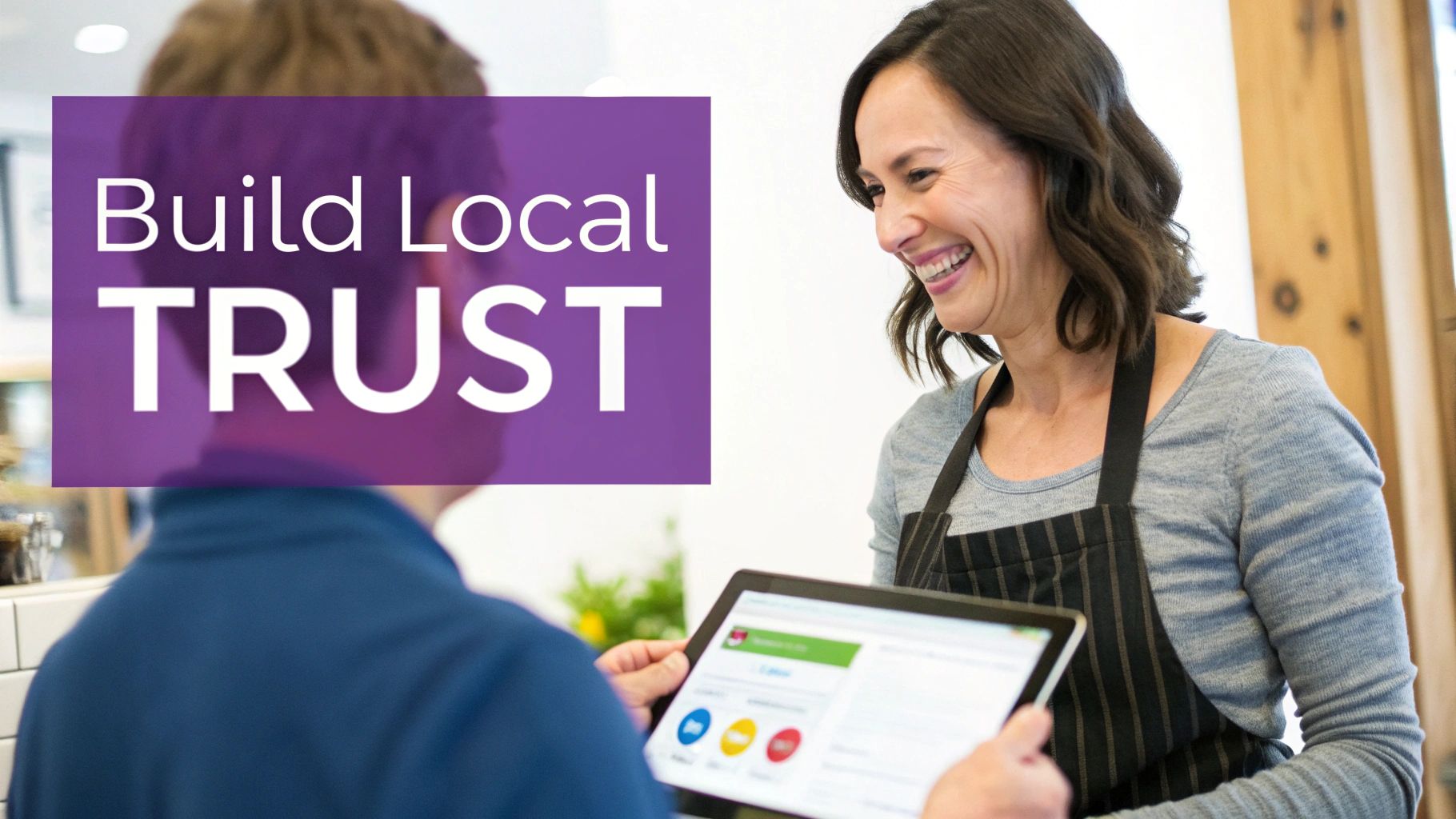 A digital illustration showing trust signals like stars and checkmarks around a business logo.