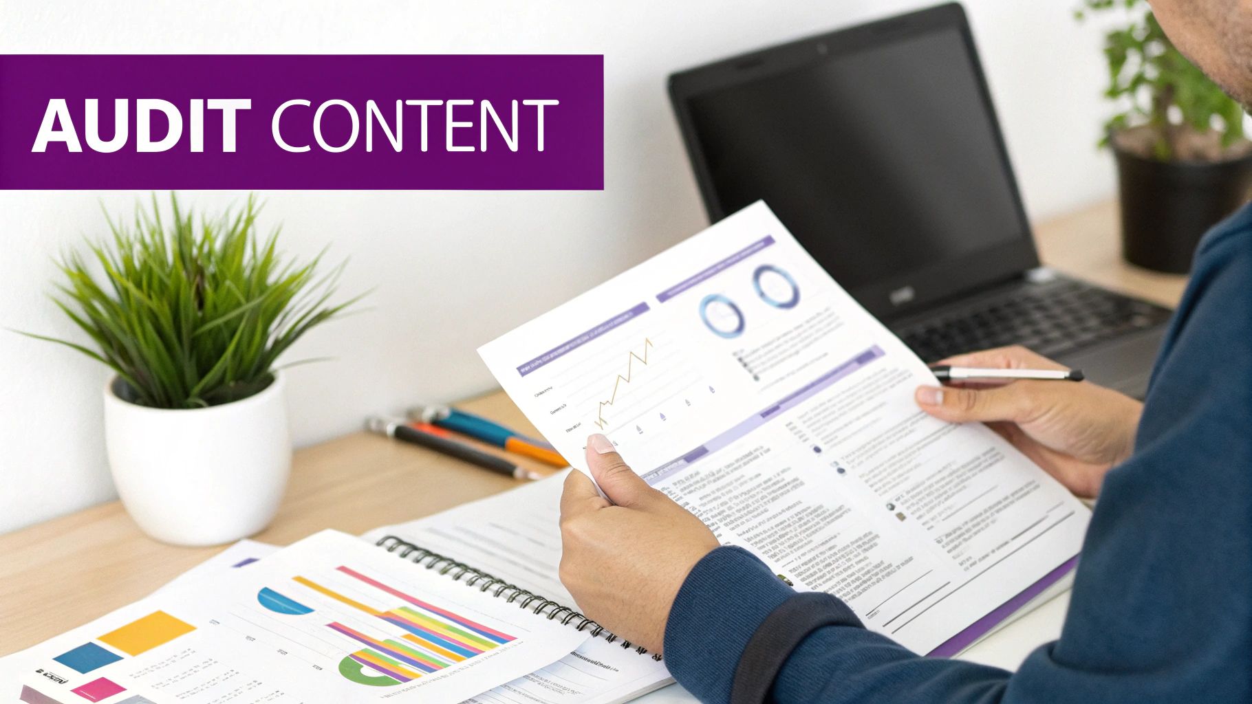 Person reviewing a content audit report with charts and graphs on a desk with a laptop.