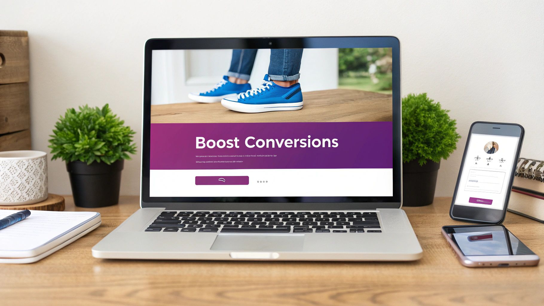 Digital marketing workspace with a laptop showing 'Boost Conversions', two smartphones, and office supplies.