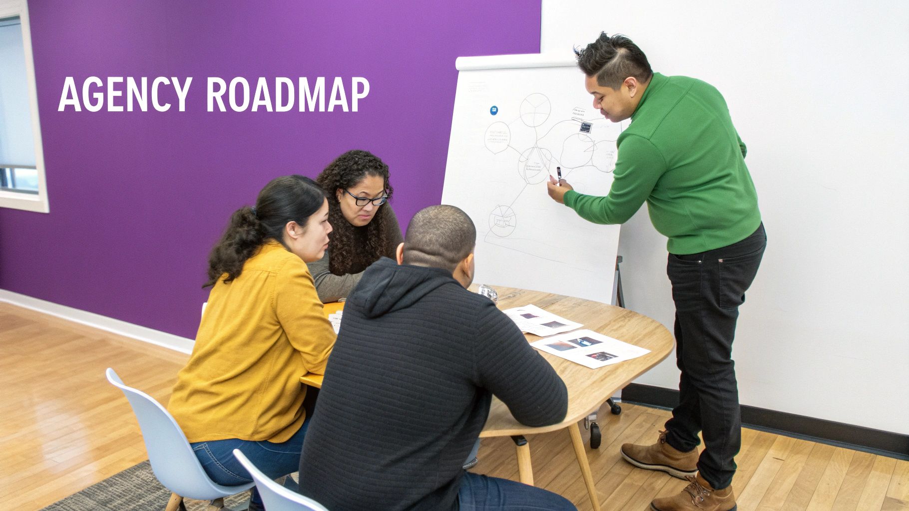 A flowchart showing the four-step process of working with an SEO agency: Initial Audit, Strategy Development, Implementation, and Reporting & Refinement.