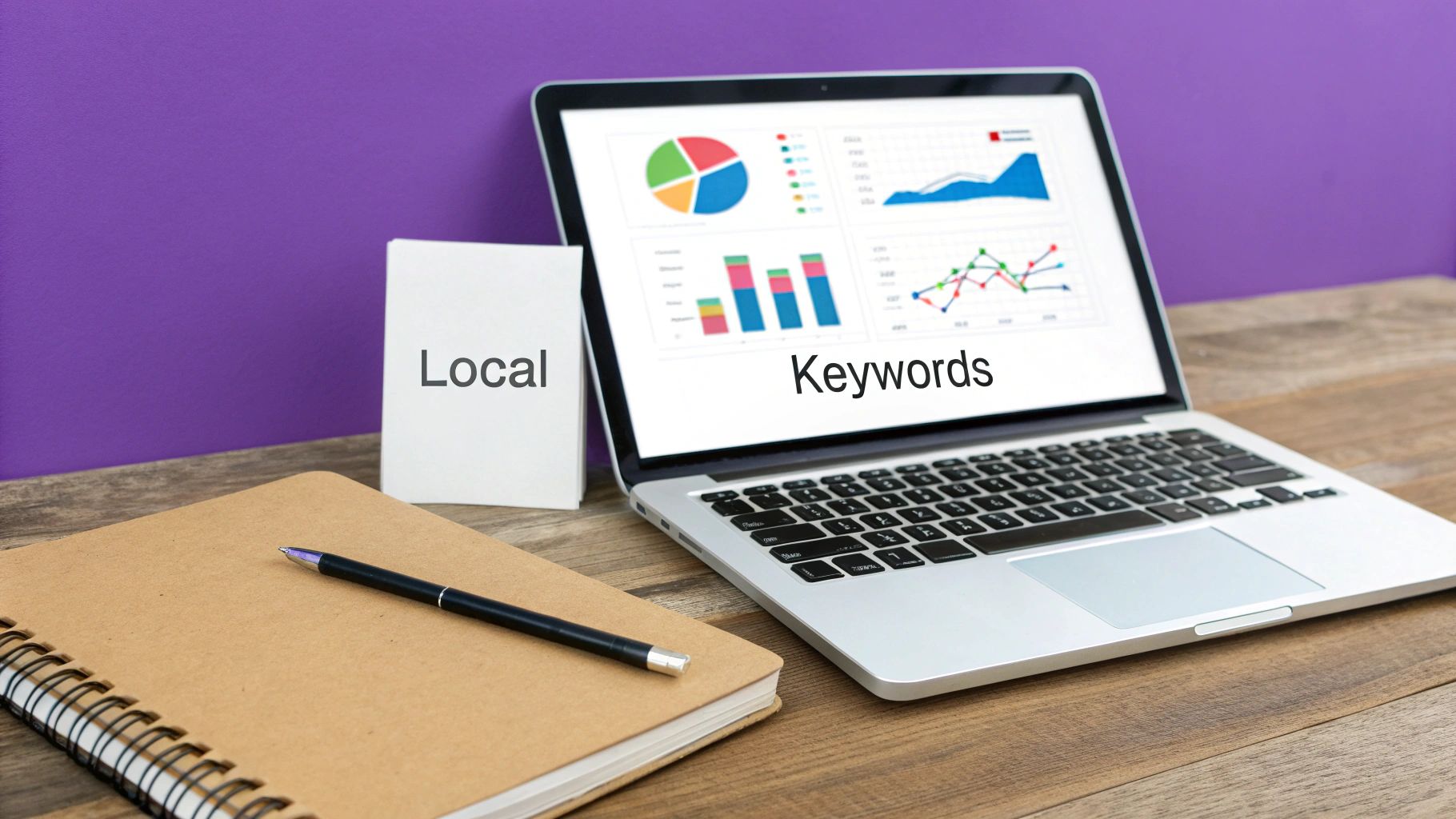 A computer screen showing a keyword research tool with local search terms and metrics.