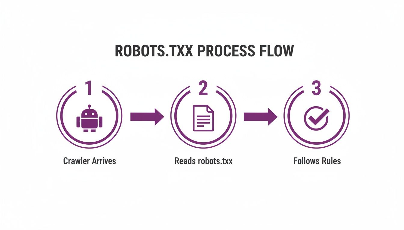 A process flow diagram illustrating how a crawler reads and follows robots.txt rules.